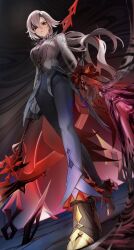  1girl arlecchino_(genshin_impact) black_eyes black_hair black_hands black_pants colored_extremities crimson_moon's_semblance_(genshin_impact) fingernails frilled_cuffs from_below full_body genshin_impact grey_hair hair_between_eyes high_heels highres holding holding_scythe holding_weapon jacket long_hair looking_at_viewer multicolored_hair okkobc pants ponytail scythe sharp_fingernails solo symbol-shaped_pupils walking weapon white_jacket x-shaped_pupils 