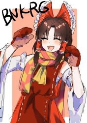  1girl an_(anananan393939) ascot benikurage_(cookie) blush bow brown_hair character_name closed_eyes cookie_(touhou) cowboy_shot detached_sleeves dress fang frilled_bow frilled_hair_tubes frills hair_bow hair_tubes hakurei_reimu highres medium_hair mittens open_mouth parted_bangs pink_background pink_scarf red_bow red_dress red_mittens ribbon-trimmed_sleeves ribbon_trim scarf sidelocks sleeveless sleeveless_dress smile solo striped_clothes striped_scarf touhou two-tone_background white_background white_sleeves yellow_ascot yellow_scarf 