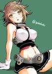  1girl arm_support bare_shoulders blush breasts brown_hair gloves green_background green_eyes kantai_collection looking_at_viewer midriff mutsu_(kantai_collection) navel open_mouth sitting skirt sogabe_toshinori solo twitter_username white_gloves 