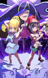  3girls black_hair blonde_hair blue_eyes closed_mouth cosmog dress eyelashes flute green_eyes green_shorts hair_over_one_eye hat highres holding holding_flute holding_instrument inana_umi instrument lillie_(pokemon) long_hair looking_at_viewer lusamine_(pokemon) lusamine_fused_(pokemon) multiple_girls multiple_views open_mouth pleated_skirt pokemon pokemon_sm ponytail red_hat selene_(pokemon) shirt short_hair shorts skirt teeth tied_shirt upper_teeth_only white_shirt white_skirt yellow_eyes 