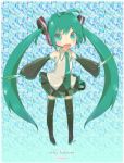  1girl ahoge artist_name boots character_name chibi copyright_name detached_sleeves green_eyes green_hair hatsune_miku headset kowiru long_hair necktie open_mouth skirt sleeves_past_wrists solo spring_onion thigh-highs thigh_boots twintails very_long_hair vocaloid 