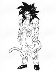  1boy closed_mouth dougi dragon_ball dragon_ball_gt full_body highres kouji08250 long_hair male_focus monkey_boy monkey_tail muscular muscular_male pants pectorals sash solo son_goku spiky_hair standing super_saiyan super_saiyan_4 tail wristband 