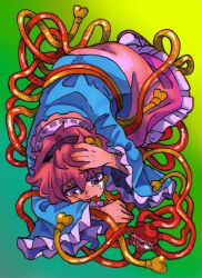  1girl black_hairband blue_shirt cheek_press frilled_skirt frilled_sleeves frills gradient_background green_background hair_ornament hairband hand_on_own_head heart heart_hair_ornament highres inuyama_konan komeiji_satori lying messy_hair parted_lips pink_eyes pink_hair pink_skirt pink_slippers raised_inner_eyebrows shirt short_hair skirt slippers socks solo tears tears_from_one_eye tentacles third_eye touhou white_socks wide_sleeves 