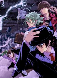  2girls 3boys afuro_terumi angry black_hair black_hat black_jacket black_pantyhose brown_hair dress fuuto_tantei group_picture hat hidari_shoutarou highres hood hood_down jacket kamen_rider kamen_rider_w long_hair multiple_boys multiple_girls pantyhose pendait purple_hair sato_masaki_(masayakofu) short_hair standing terui_ryuu thunder tokime_(fuuto_tantei) white_dress 