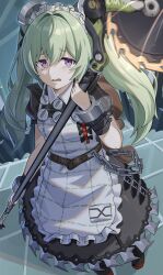  1girl absurdres animal_bag apron bear_bag belt black_dress black_nails blurry blurry_foreground chain circular_saw corin_wickes dress green_hair hair_intakes highres holding_saw indoors long_hair maid maid_apron maid_headdress open_mouth rxo2xs saw screw_hair_ornament solo twintails violet_eyes white_apron zenless_zone_zero 