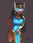  1girl black_hair blue_dress blue_eyes breasts brown_background cropped_legs dark_skin dress forehead_jewel hand_on_hip headgear large_breasts long_hair northma overwatch satya_vaswani side_slit single_elbow_glove solo symmetra_(overwatch) very_dark_skin visor 