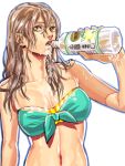  1girl bandeau bare_shoulders bottle breasts brown_eyes brown_hair bust cleavage joey_joey_joey long_hair midriff solo spilling water water_bottle wet 