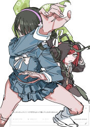  2girls absurdres black_hair black_jacket blue_shirt blue_skirt blush breasts brown_eyes chabashira_tenko collared_shirt danganronpa_(series) danganronpa_v3:_killing_harmony fighting_stance green_eyes hair_ribbon hairband hands_up haruyuki_(gffewuoutgblubh) hat hat_belt highres jacket layered_skirt long_hair long_sleeves multiple_girls pink_hairband pleated_skirt red_hair request_inset ribbon sailor_collar school_uniform shirt short_hair simple_background sketch skirt twintails white_background witch_hat yumeno_himiko 