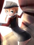  1girl :d anchor_hair_ornament black_skirt blonde_hair blush cowboy_shot curtains gloves green_eyes hat iron_cross kantai_collection long_sleeves looking_at_viewer looking_back military military_hat military_uniform nekobaka open_mouth peaked_cap pleated_skirt prinz_eugen_(kantai_collection) skirt smile solo sunlight twintails uniform white_gloves 