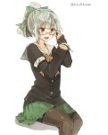  1girl :d armband bespectacled black_legwear blush cardigan chibirisu glasses green_hair kantai_collection open_mouth pantyhose pencil ponytail red-framed_glasses school_uniform semi-rimless_glasses short_hair sitting skirt smile solo twitter_username under-rim_glasses white_background yuubari_(kantai_collection) 