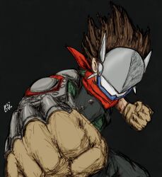  1boy absurdres akiyama_ryo black_background black_vest brown_gloves brown_hair clenched_hands cosplay cowboy_shot digimon digimon_tamers gloves highres justimon justimon_(cosplay) m_shamoji mask red_scarf scarf simple_background sketch solo toujima_tanzaburou_wa_kamen_rider_ni_naritai vest 