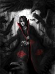  1boy 2012 animal bamboo bamboo_forest bird black_hair cloak crow dated feathers forehead_protector forest greyscale jewelry konohagakure_symbol male monochrome naruto nature penator pendant ring signature solo spot_color uchiha_itachi 