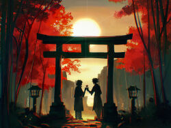  2boys absurdres autumn bush cerakuro dappled_sunlight evening facing_another flower forest hair_slicked_back high_contrast highres holding holding_flower iv_(yu-gi-oh!) kamishiro_ryouga lamppost light_rays male_focus mountain mountainous_horizon multiple_boys nature outdoors path red_leaf red_rope rope shadow sky stone_walkway sunlight sunset temple tree yellow_sky yu-gi-oh! yu-gi-oh!_zexal 