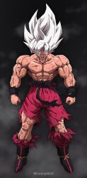  1boy abs absurdres battle_damage black_boots boots dragon_ball dragon_ball_z full_body highres horang4628 limited_palette muscular muscular_male official_alternate_color pants red_eyes solo son_goku super_saiyan super_saiyan_1 topless_male torn_clothes torn_pants twitter_username white_hair 