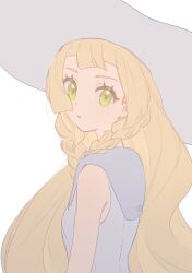  1girl :o blonde_hair braid commentary_request dress eyelashes from_side fua1heyvot4ifsr green_eyes hat highres lillie_(pokemon) long_hair looking_at_viewer open_mouth pokemon pokemon_sm sleeveless sleeveless_dress solo twin_braids upper_body white_background white_dress white_hat 