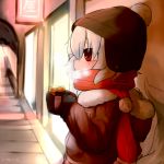  1girl alternate_costume canned_coffee coat hat holding inubashiri_momiji inunoko. looking_at_viewer red_eyes scarf short_hair solo steam tail touhou white_hair wolf_tail 