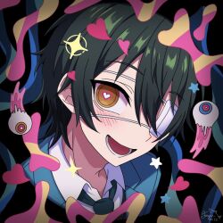  1boy black_necktie blush close-up collared_shirt commentary ensemble_stars! eyeball eyepatch fisheye hair_between_eyes heart heart-shaped_pupils kagehira_mika lapels looking_at_viewer lower_teeth_only male_focus monitoring_(vocaloid) necktie nisesakana notched_lapels one_eye_covered open_mouth school_uniform shirt solo sparkle star_(symbol) symbol-shaped_pupils teeth yellow_eyes yumenosaki_school_uniform 