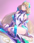  1girl absurdres angela_balzac aqua_eyes blonde_hair boots breasts covered_navel dutch_angle elbow_gloves expelled_from_paradise frown gloves highres leotard long_hair moruga pink_background sitting solo very_long_hair 