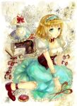  1girl alice_margatroid alice_margatroid_(pc-98) ankleband apron blonde_hair blue_dress blue_eyes book bow breasts capelet choker collarbone corset dress flower frilled_dress frilled_shirt frills hairband jar keiko_(mitakarawa) large_bow light_smile maid_apron mannequin needle open_book puffy_short_sleeves puffy_sleeves scissors sewing_machine sewing_needle short_hair short_sleeves sitting solo symbol thread touhou touhou_(pc-98) wariza wrist_cuffs 