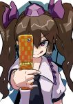  1girl brown_hair cellphone hashiro hat highres himekaidou_hatate necktie one_eye_closed phone pointy_ears shirt tokin_hat tongue touhou twintails violet_eyes 