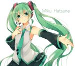  1girl character_name detached_sleeves green_eyes green_hair hand_on_own_chest hatsune_miku headset long_hair minamiya_mia necktie outstretched_arm simple_background skirt smile solo twintails very_long_hair vocaloid white_background 