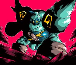  absurdres aqua_skin armor asymmetrical_eyes bandaid bidul_(bidul72476120) clay colored_skin crack ghost golem golurk hand_on_ground highres korean_commentary no_humans pokemon pokemon_(creature) pokemon_focus yellow_eyes yellow_trim 