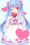  1girl ;d ahoge amashiro_natsuki blue_hair box chocolate chocolate_heart dress frilled_dress frills gift gift_box hair_ornament hairpin heart holding long_hair looking_at_viewer one_eye_closed open_mouth original pink_eyes puffy_sleeves smile solo twintails white_dress 