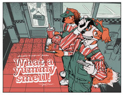  2boys animal_ears burger commentary_request dog_boy dog_ears dog_tail drooling english_commentary fang food french_fries furry furry_male grin holding holding_notepad holding_tray joseph_(smell) looking_at_food looking_at_viewer male_focus multiple_boys nagabe noi_(smell) notepad overalls pawpads saliva signature smell_(nagabe) smile tail tray 