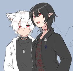  2girls alternate_costume alternate_hairstyle animal_ear_piercing animal_ears black_choker black_hair black_jacket black_shirt blue_background choker closed_mouth commentary_request contemporary ear_piercing earclip highres inubashiri_momiji jacket jewelry long_sleeves looking_at_viewer min.k multiple_girls necklace no_headwear open_clothes open_jacket open_mouth pendant piercing pointy_ears red_choker red_eyes shameimaru_aya shirt smile tongue_piercing touhou white_hair white_jacket wolf_cut wolf_ears wolf_girl 