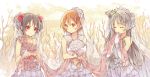  3girls bouquet bow brown_eyes brown_hair carrying closed_eyes double_bun dress flower frills grey_hair hair_bow hair_ribbon hoshizora_rin long_hair looking_at_viewer love_live!_school_idol_project minami_kotori multiple_girls red_eyes ribbon short_hair silver_hair smile wedding_dress yayin_(yayin233) yazawa_nico 