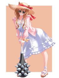  1girl absurdres animal_ears aviator_sunglasses ayunda_risu ayunda_risu_(holonatsu_paradise) bead_bracelet beads bracelet breasts brown_hair brown_sandals club_(weapon) commentary commission contrapposto dress ears_through_headwear english_commentary fake_facial_hair fake_mustache flower_bracelet frilled_dress frills full_body green_eyes hat highres hololive hololive_indonesia ikhuro jacket jewelry kanabou leaning_forward leaning_on_weapon long_hair looking_at_viewer looking_to_the_side medium_breasts medium_dress no_tail official_alternate_costume open_clothes open_jacket orange_background pink_jacket ribbon sandals second-party_source short_hair_with_long_locks solo spiked_club squirrel_ears straw_hat sun_hat sundress sunglasses virtual_youtuber weapon white_dress white_streaks wrist_ribbon yellow_ribbon 