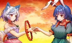  2girls absurdres animal_ear_fluff animal_ears arm_behind_back bear_trap blue_hair braid burukyu collarbone day dress english_commentary fang frilled_dress frilled_sleeves frills frown handshake highres jewelry looking_at_another medium_hair mitsugashira_enoko multiple_girls nervous_sweating off-shoulder_dress off_shoulder outdoors pendant rabbit_ears rabbit_girl rabbit_tail red_eyes seiran_(touhou) short_hair sky smile sunset sweat tail touhou twin_braids upper_body wolf_ears wolf_girl wolf_tail yellow_sky 