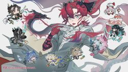  4girls 5boys :p arknights bead_bracelet beads black_bow black_hair black_hands blonde_hair blue_eyes blue_hair bow bracelet brother_and_sister brown_hair cake cake_slice character_name chinese_commentary chongyue_(arknights) colored_extremities colored_inner_hair commentary_request dated dragon dragon_boy dragon_horns dragon_tail dusk_(arknights) eastern_dragon facing_away food fork gift gourd gradient_hair green_eyes green_hair grey_hair grey_shirt hair_bow hair_over_one_eye happy_birthday highres holding holding_fork holding_party_popper holding_plate horns jewelry ji_(arknights) ling_(arknights) long_hair long_sleeves multicolored_hair multiple_boys multiple_girls nian_(arknights) party_popper pink_hair plate pointy_ears red_eyes red_hair red_hands shirt shu_(arknights) siblings simple_background streaked_hair surprised tail tongue tongue_out wang_(arknights) white_background white_hair wide_sleeves xian_meng_huanyou_ji yellow_hands yi_(arknights) yu_(arknights) 