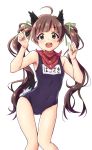  1girl :d absurdres ahoge animal_ears blush brown_eyes brown_hair hair_ribbon hakozaki_serika highres idolmaster idolmaster_million_live! long_hair looking_at_viewer neckerchief one-piece_swimsuit open_mouth rariemonn ribbon school_swimsuit smile solo swimsuit tail twintails 