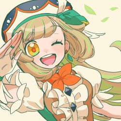  1girl ;d alternate_costume aria_pkmn beret blonde_hair commentary_request earrings eyelashes falling_leaves fingerless_gloves gloves hand_up happy hat highres jewelry leaf long_hair looking_at_viewer one_eye_closed open_mouth orange_pupils pokemon pokemon_sm puffy_sleeves selene_(pokemon) short_sleeves smile solo teeth upper_body upper_teeth_only white_gloves yellow_eyes 