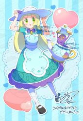  1girl :o black_shoes blonde_hair commentary_request dress full_body green_dress green_eyes hat heart lillie_(pokemon) lillie_(special_costume)_(pokemon) long_hair open_mouth pokemon pokemon_(creature) pokemon_masters_ex shoes short_sleeves signature sinistea tsubamesu727 white_hat 