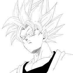  1boy 1rasutotoukou absurdres dragon_ball dragon_ball_z greyscale highres male_focus medium_hair monochrome muscular muscular_male simple_background solo son_goku spiky_hair super_saiyan super_saiyan_1 upper_body white_background 