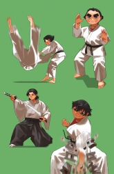  1boy 1other 2girls barefoot black_eyes black_hair black_hakama blush_stickers breaking breasts cinder_block clenched_hand commentary_request fighting_stance frown green_background hakama highres holding holding_sword holding_weapon japanese_clothes judo_throw karate large_breasts motion_blur multiple_girls narisokonai on_one_knee original red_shirt serious sheath sheathing shirt short_hair smile sword thick_eyebrows very_short_hair weapon 