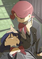  2girls :3 arm_at_side blue_hair bow bowtie closed_eyes closed_mouth collared_shirt commentary_request day facing_another grey_jacket grey_skirt hanayagi_kaoruko hand_on_another's_head hand_on_own_chest hand_up hands_up highres indoors isurugi_futaba jacket lap_pillow light_blush light_particles long_sleeves lying medium_hair multiple_girls on_back on_floor open_clothes open_jacket parted_bangs pink_hair pleated_skirt red_bow red_bowtie satori_(kusai3) school_uniform seishou_music_academy_uniform shade shirt shirt_tucked_in short_hair shoujo_kageki_revue_starlight sitting skirt smile upper_body white_shirt window_shadow yuri 