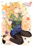  1girl 2014 blonde_hair food happy_birthday hoshii_miki idolmaster laki long_hair onigiri overalls smile star 