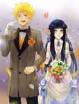  1boy 1girl bare_shoulders black_hair blonde_hair bouquet bridal_veil bride couple dress flower formal groom hetero hyuuga_hinata lan.c long_hair naruto petals short_hair uzumaki_naruto veil wedding_dress 