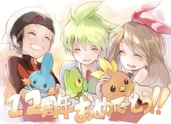  1girl 2boys :d ^_^ bare_shoulders beanie black_hair blush brown_hair closed_eyes green_hair grin hairband haruka_(pokemon) haruka_(pokemon)_(remake) hat holding mitsuru_(pokemon) mudkip multiple_boys open_mouth pokemon pokemon_(creature) pokemon_(game) pokemon_oras ralts shiro_azarashi short_hair smile torchic translation_request treecko yuuki_(pokemon) yuuki_(pokemon)_(remake) 