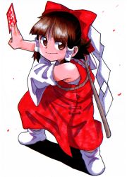  1girl between_fingers blush_stickers bow brown_eyes brown_hair chest_sarashi detached_sleeves full_body gohei hair_bow hair_tubes hakurei_reimu highres holding inuyama_konan looking_to_the_side medium_hair ofuda ofuda_between_fingers red_bow red_shirt red_skirt sarashi shide shirt shoes simple_background skirt sleeveless sleeveless_shirt smile solo touhou white_background white_shoes white_sleeves 