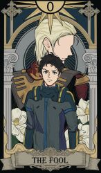  2boys arms_at_sides black_bodysuit black_eyes black_hair blonde_hair bodysuit card_(medium) char's_counterattack char_aznable commentary_request faceless faceless_male flower flower_request gundam gundam_hathaway's_flash hathaway_noa highres looking_at_viewer male_focus mecha_pilot_suit mikazuki121410 multiple_boys neo_zeon normal_suit_(gundam) short_hair spacesuit tarot tarot_(medium) white_flower 
