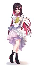  1girl :d absurdres apron asymmetrical_sidelocks azki_(4th_costume)_(hololive) azki_(hololive) black_boots black_hair boots bow bowtie bracelet braid collared_dress colored_inner_hair commentary_request double-parted_bangs dress frilled_apron frills full_body gradient_clothes gradient_dress hair_intakes hair_ornament hairclip half_up_braid high-low_dress high_heel_boots high_heels highres holding hololive jewelry layered_dress long_hair looking_at_viewer mamdtsubu mole mole_under_eye multicolored_hair open_mouth pink_bow pink_bowtie pink_dress pink_hair purple_skirt sidelocks skirt skirt_under_dress smile solo streaked_hair tachi-e teeth three-quarter_sleeves upper_teeth_only very_long_hair violet_eyes virtual_youtuber white_apron white_dress white_hair 