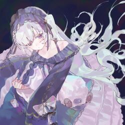  1girl absurdres bare_shoulders black_bow black_bowtie black_dress black_hairband black_ribbon bow bowtie closed_mouth collarbone dark_background dress eyes_visible_through_hair fingernails frilled_dress frilled_sleeves frills from_above gothic_lolita hair_over_one_eye hairband hand_up highres holding holding_pillow holding_stuffed_toy lace-trimmed_dress lace-trimmed_hairband lace_trim layered_dress lolita_fashion lolita_hairband long_hair long_sleeves looking_at_viewer looking_up mahou_shoujo_no_majo_saiban natsume_an-an off-shoulder_dress off_shoulder pillow polka_dot polka_dot_bow polka_dot_bowtie ribbon sleeve_bow solo stuffed_animal stuffed_sheep stuffed_toy very_long_hair violet_eyes white_bow white_hair white_nails wide_sleeves wusubamineko 