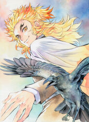  1boy agahari belt bird black_cape black_pants blonde_hair cape closed_mouth commentary_request cowboy_shot crow demon_slayer_uniform flying forked_eyebrows highres kimetsu_no_yaiba looking_at_viewer looking_back male_focus medium_hair multicolored_hair pants red_hair rengoku_kyoujurou smile standing thick_eyebrows two-tone_hair white_belt white_cape yellow_eyes 