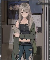  1girl art_program_in_frame black_shirt blue_pants closed_mouth fishnet_pantyhose fishnets fur_trim girls_band_cry green_jacket grey_eyes grey_hair highres holding_own_arm jacket kawaragi_momoka long_hair looking_at_viewer maoyasumisumi multicolored_hair open_clothes open_jacket pants pantyhose pantyhose_under_pants roots_(hair) shirt solo unfinished 