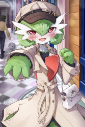  1girl absurdres arm_up artist_name bag blurry blurry_background blush bob_cut brown_hat buttons coat collarbone colored_skin commentary_request elbow_carry emma_(pokemon) espurr fewer_digits gardevoir green_hair green_skin gresy hair_between_eyes hand_up handbag happy hat highres indoors layered_sleeves long_sleeves looking_at_viewer multicolored_skin newsboy_cap open_mouth outstretched_arm pocket poke_ball poke_ball_symbol pokemon pokemon_(creature) pokemon_legends:_z-a reaching reaching_towards_viewer red_eyes short_hair signature smile solo_focus standing trench_coat two-tone_skin ultra_ball white_skin 