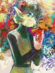  1girl aoki_(fumomo) flower ocarina_of_time pointy_ears saria short_hair smile solo tegaki the_legend_of_zelda 